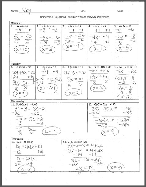 Equations Homework Answers - BHL 8th Grade Math